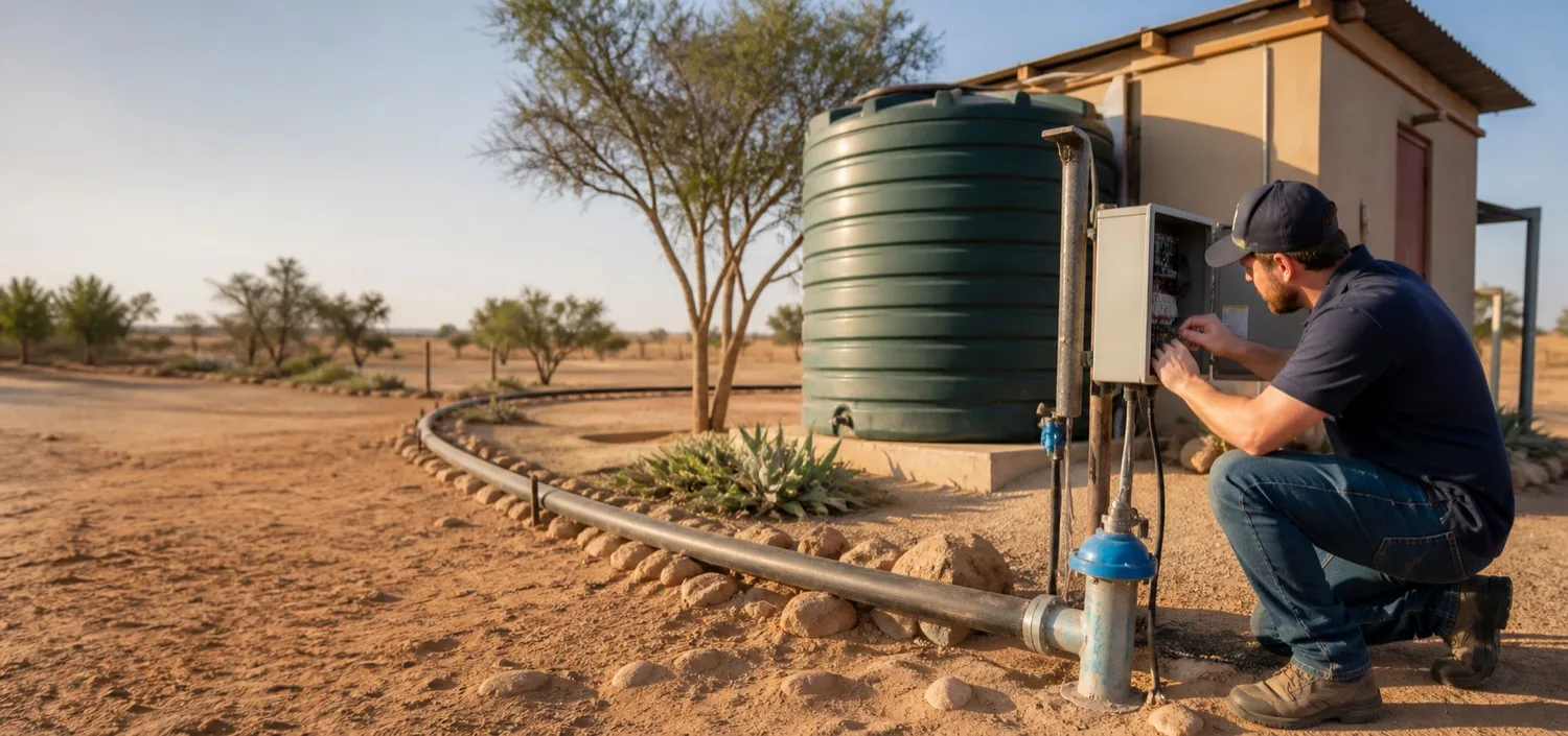 Technician inspecting borehole pump equipment near a water tank in a dry Upington setting